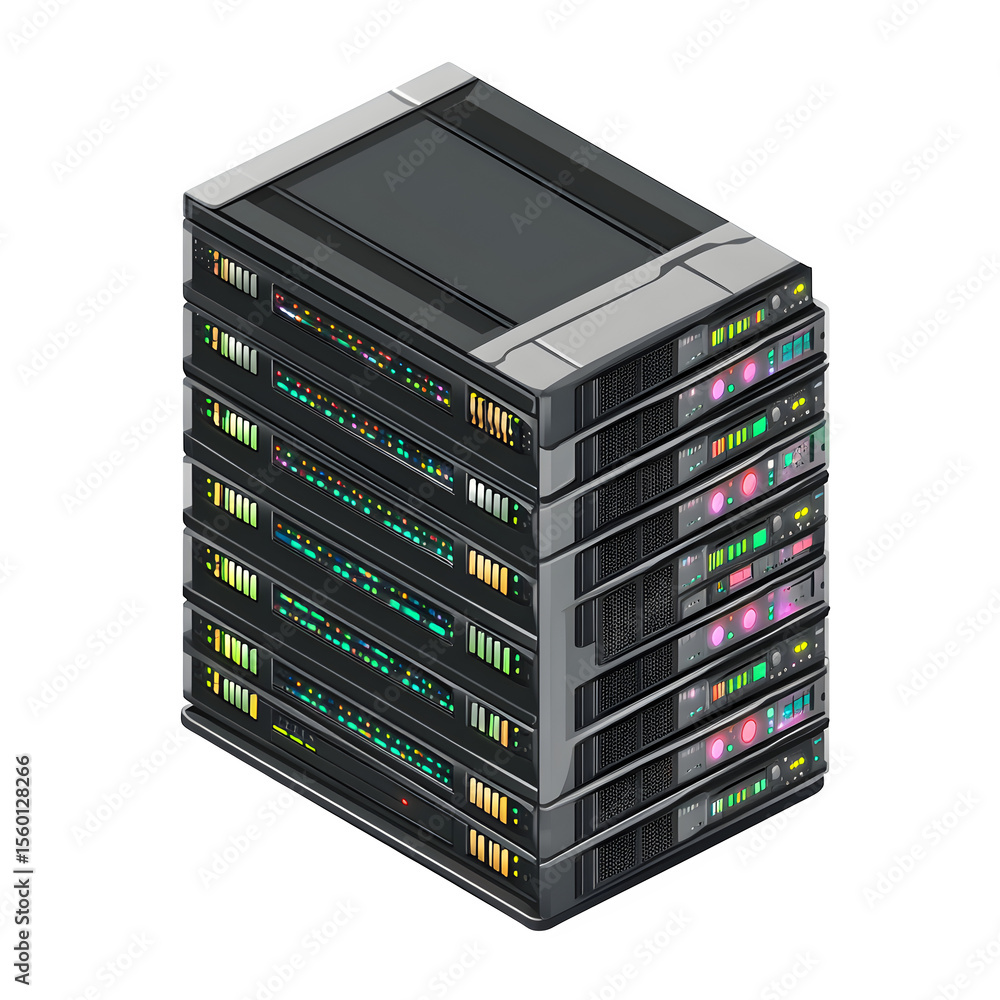 Poster detailed 3d render featuring a clean isometric server stack with visible network ports and leds. sid