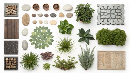 Botanical and Stone Arrangement on White Background Featuring Plants Rocks and Natural Elements for Design