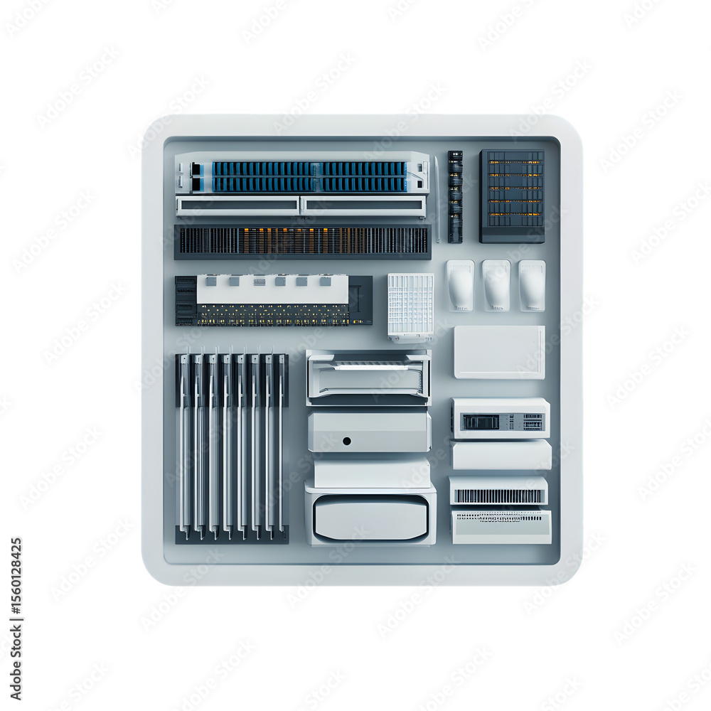 Poster premium 3d render presenting a clean digital model of server components organized in layers within a