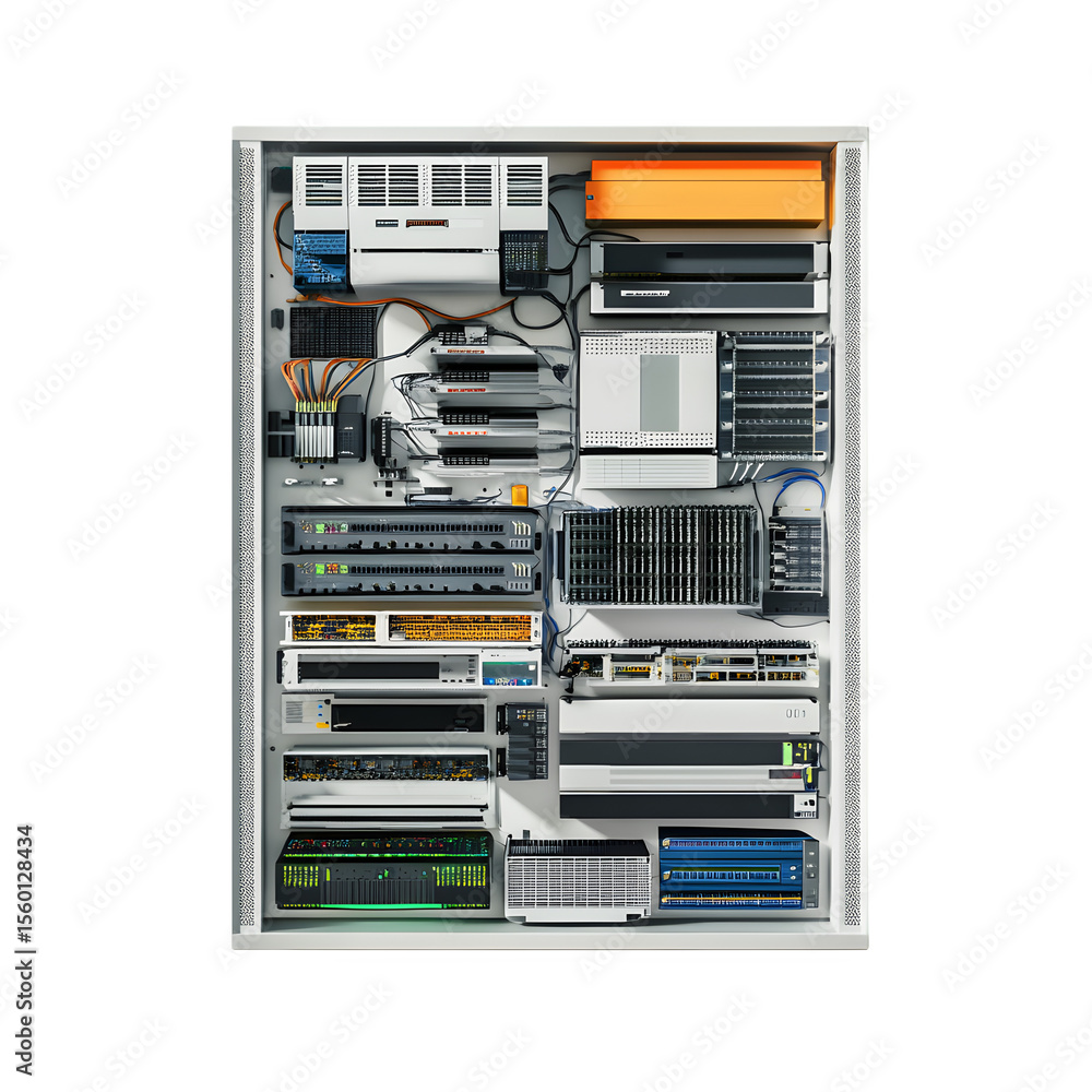 Poster premium 3d render presenting a clean digital model of server components organized in layers within a