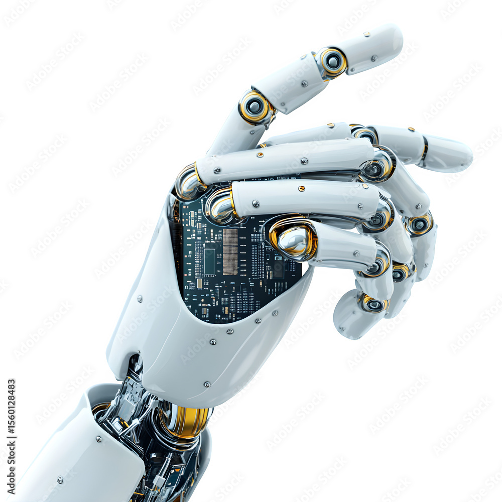 Poster detailed 3d render featuring a clean composition of a high-tech robot hand with microprocessor. fron