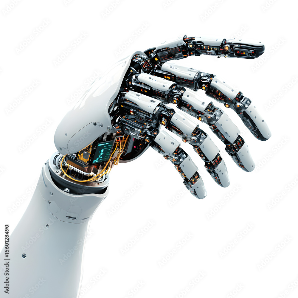 Aufkleber detailed 3d render featuring a clean composition of a high-tech robot hand with microprocessor. top 