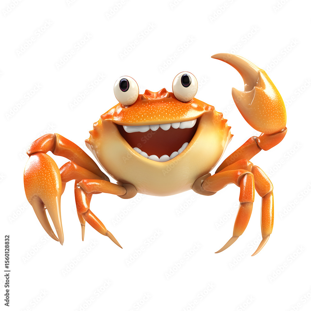 Poster detailed 3d render featuring a cheerful 3d character crab with movable limbs and a shiny texture. fr