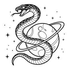 Fototapeta premium Monoline Hand Drawing Cosmic snake curled around planetary sphere, creating mystical atmosphere
