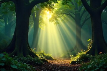 Sunbeams Illuminate Ancient Forest Ethereal Light Shafts Dance Through Dust Motes, Creating a Magical, Fantasy Atmosphere. Perfect for Environmental and Nature Themes.