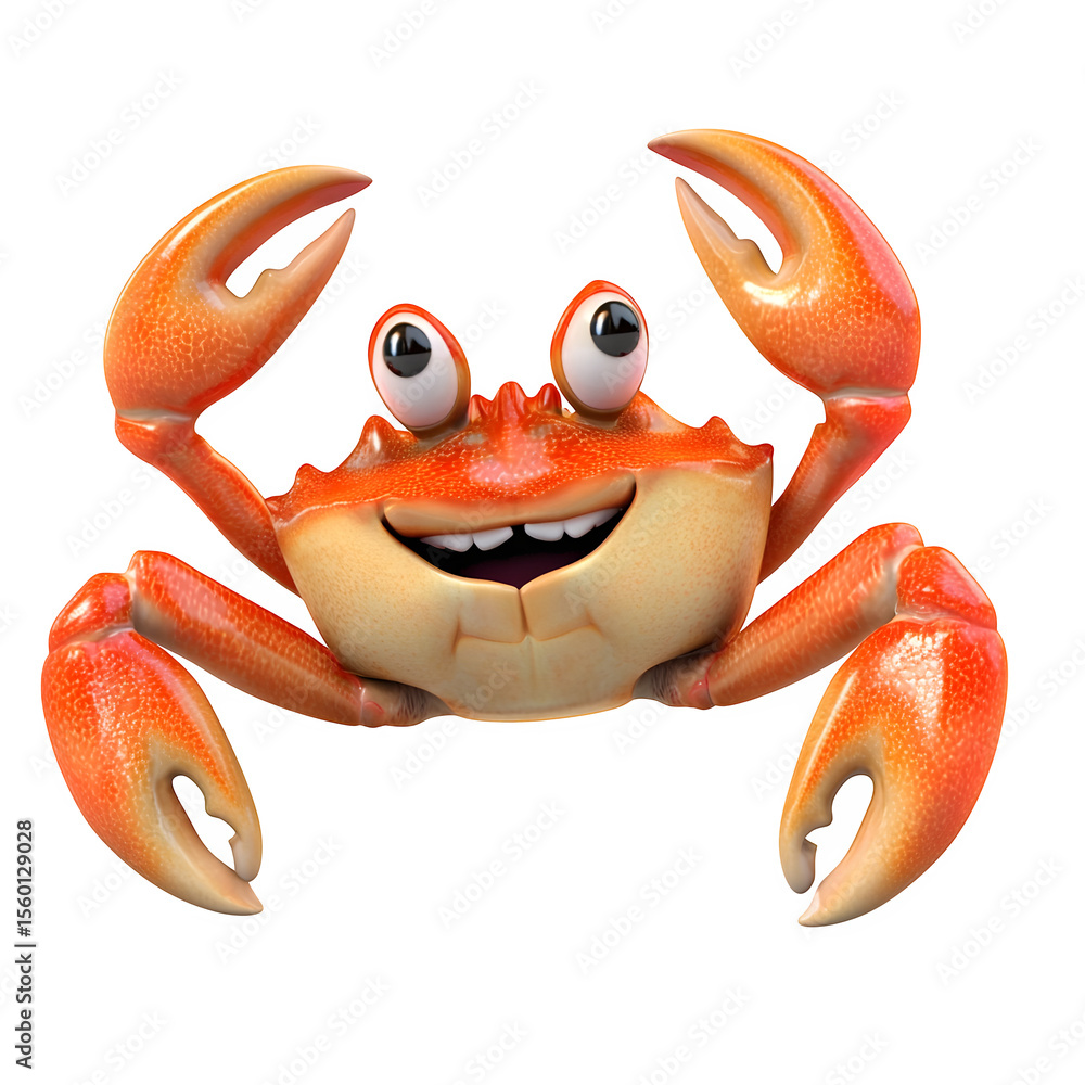 Poster high resolution 3d render showcasing a cheerful 3d cartoon crab with bright red shell and large frie