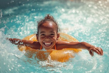 Little happy black girl in swimming pool on inflatable  ring. African american kids beach fun. Child splashing in summer water pool.