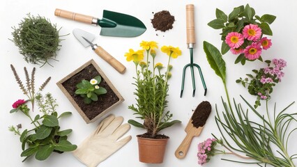 Overhead Flat Lay of Gardening Tools and Plants on a White Background