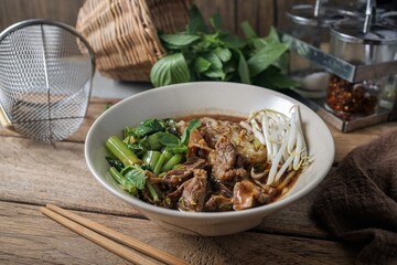 Stewed pork  with thin rice noodles Noodles soup,
