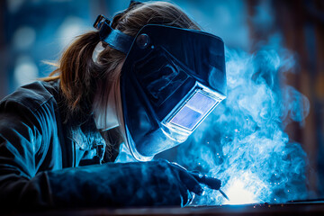 Female welder at a construction site, intense blue welding light and protective gear, modern industry concept.