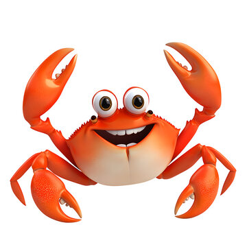 High resolution 3D render showcasing A cheerful 3d cartoon crab with bright red shell, large friendly eyes, and raised claws. Dynamic perspective angle ideal for product mockups.