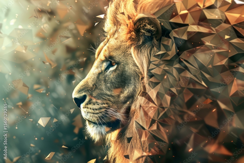 Poster profile of a majestic lion emerging from geometric shapes, creating a stunning visual with a low pol