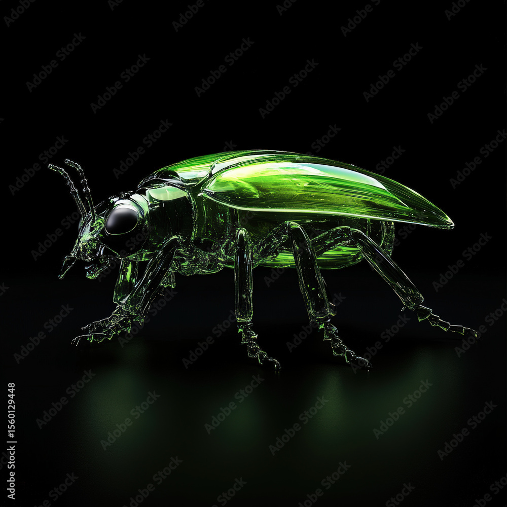Poster transparent green beetle 3d render. a detailed 3d rendering of a transparent green beetle against a 