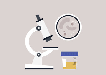 A microscope urine sample set up for detailed analysis, showcasing its color and clarity in a laboratory environment dedicated to health assessments