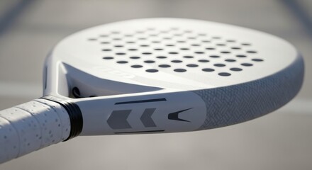 A close-up showing the details of a white carbon fiber padel racket, including the grip and logo emblems, on a court surface.