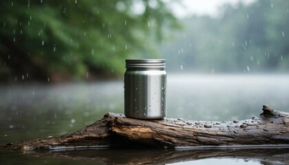 Metal Jar on a Wet Log in the Rain