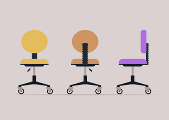 Three office chairs with rounded backs display a variety of vibrant colors and designs, emphasizing ergonomic features suitable for enhancing workplace productivity and aesthetics