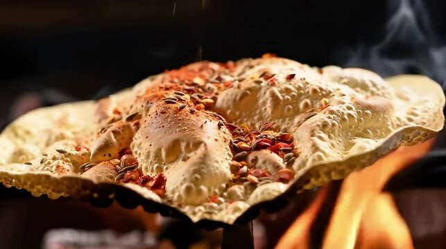 Delicious and crispy papad being roasted over an open flame in an authentic cooking style, showing culinary tradition.