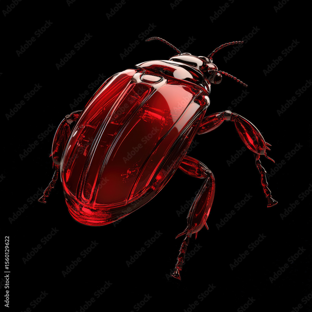 Poster transparent beetle 3d render on black. 3d rendering of a transparent, glossy beetle in bright red, s