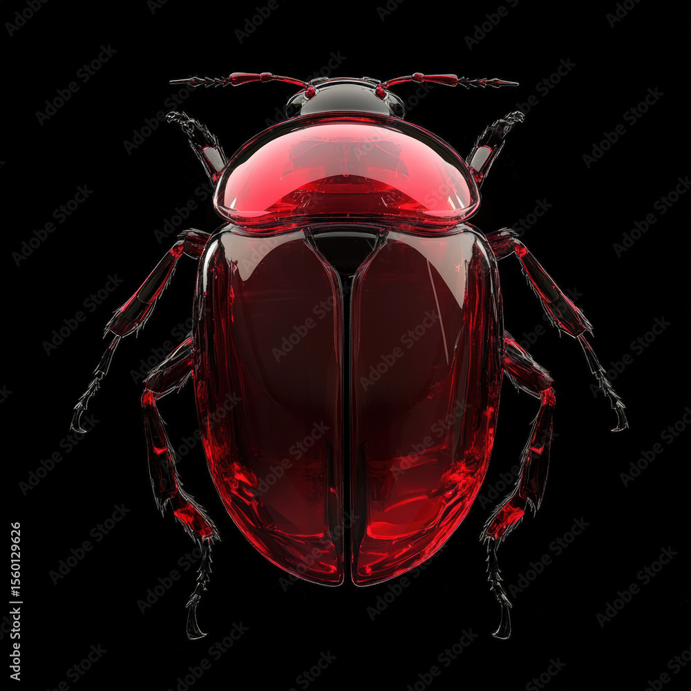 Poster transparent red beetle 3d render. a 3d rendering of a bright, transparent red beetle on a solid blac