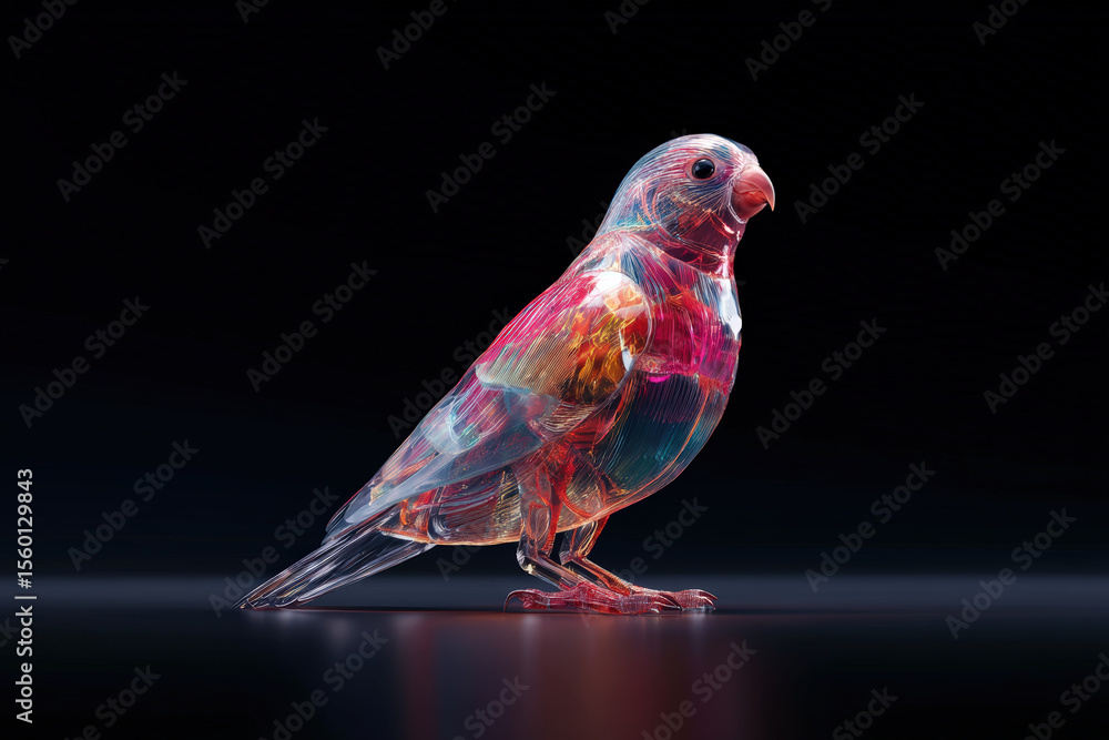 Poster transparent bird 3d rendering. a 3d rendering showcases a bright, transparent bird against a stark b
