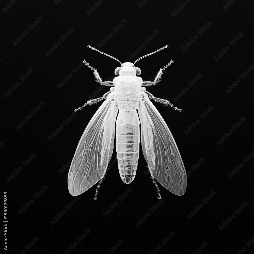 Poster transparent insect in 3d rendering. a 3d rendering showcases a bright, transparent bird against a st