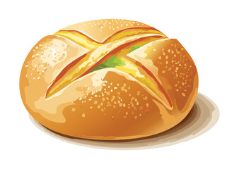 Golden Baked Round Bread with Deep Crisscross - Vector Illustration