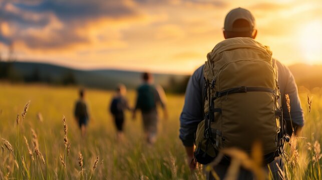 Group of hikers exploring a vast grassland during sunset near scenic hills in summer