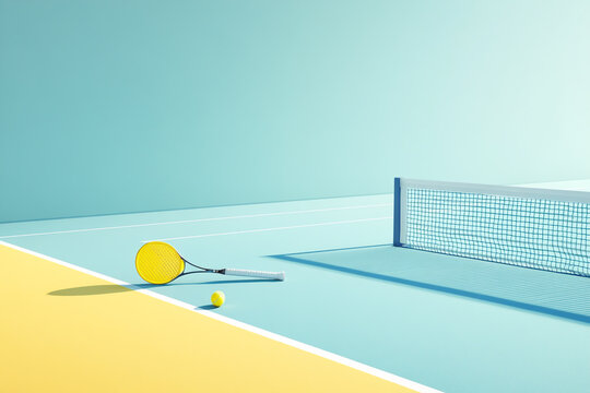 A minimalist illustration showcases pickleball equipment on the court, featuring a pastel color palette with light blue and yellow backgrounds, while leaving ample copy space for text.