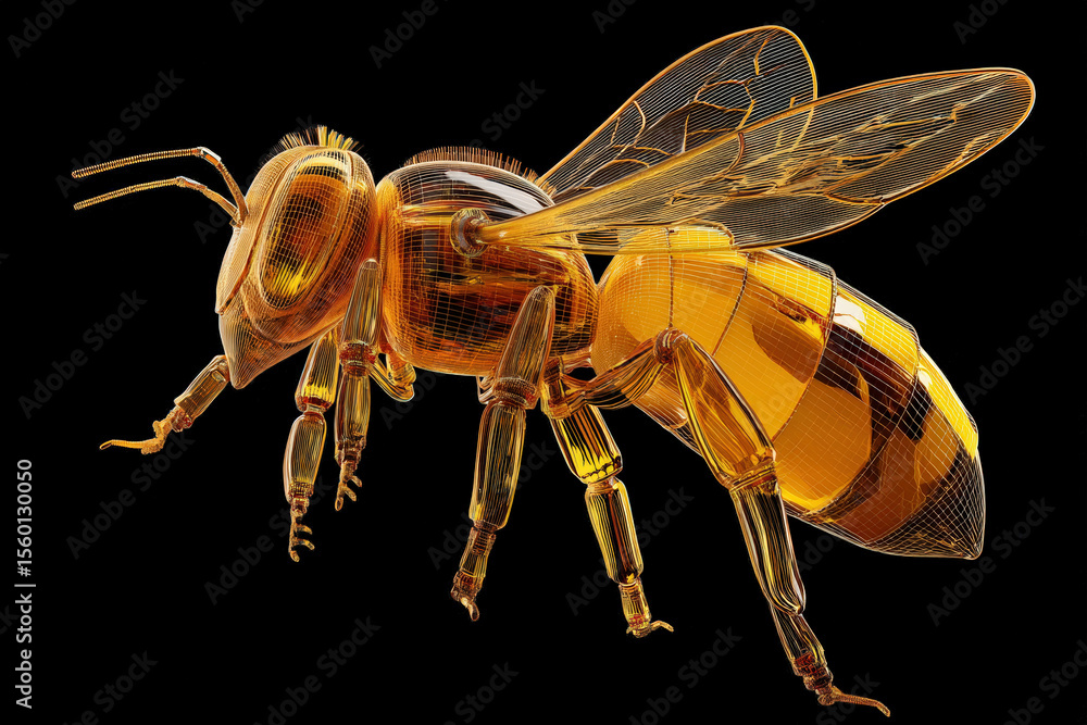 Poster transparent bee 3d rendering. a 3d rendering of a transparent bee in perspective against a black bac