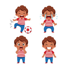 Cartoon boy showing different emotions: happy playing soccer, crying, scared, and laughing.
