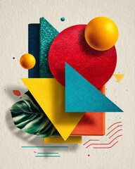 Abstract composition of colorful 3D shapes and tropical leaves in playful layout