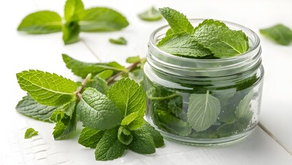 Container of Freshly Gathered Mint Leaves, Set Against a White Background

