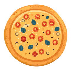 Delicious Round Pizza with Olives and Green Peppers - Vector Illustration
