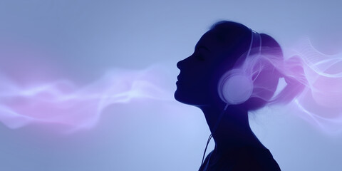 Silhouette of a young woman wearing headphones, immersed in music, with vibrant sound waves emanating in shades of purple and blue, creating a captivating auditory experience