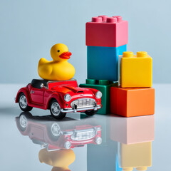 Rubber duck riding red convertible toy car among stacked building blocks