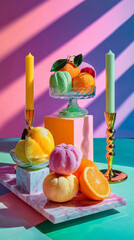 Colorful fruit and candles composition on marble base in artistic pastel lighting