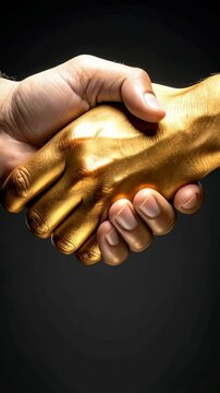 Close-up of a handshake between a human hand and a golden colored hand symbolizing agreement, partnership, success, and achievement.