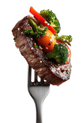 A grilled steak, topped with a vibrant medley of vegetables, held aloft by a fork