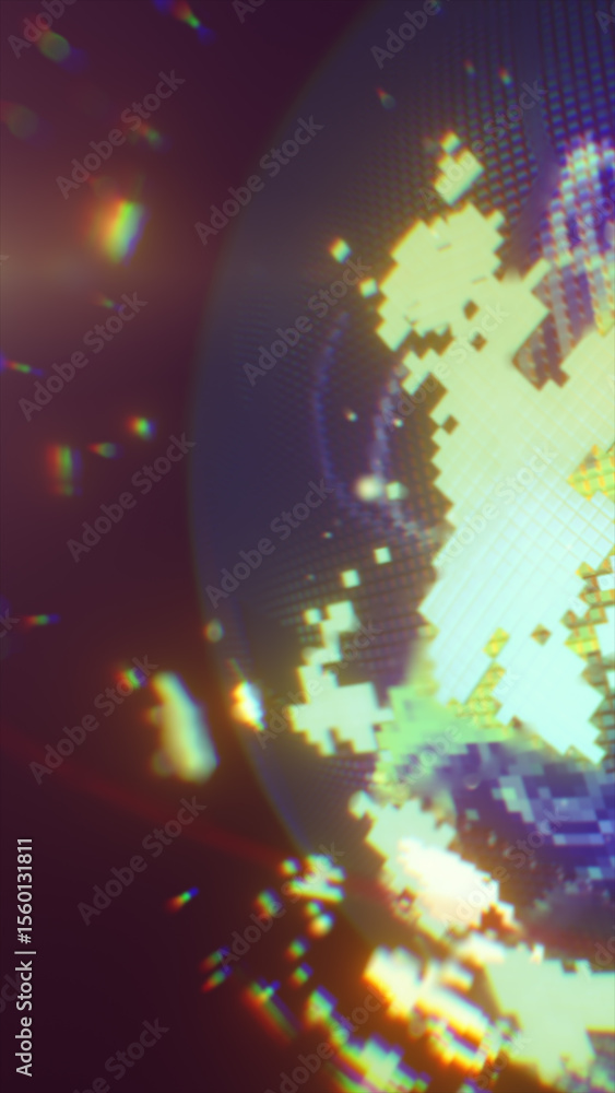 Poster abstract digital explosion with pixelated golden fragments and a glitch effect against a dark backgr