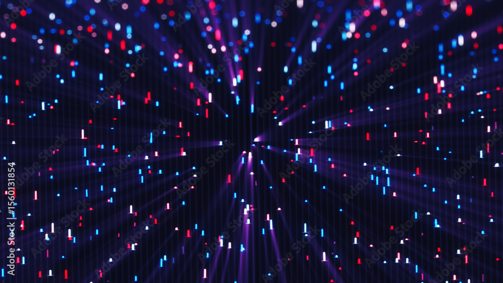 Poster radiant bursts of multicolored digital particles scattered across a dark background, creating a vibr