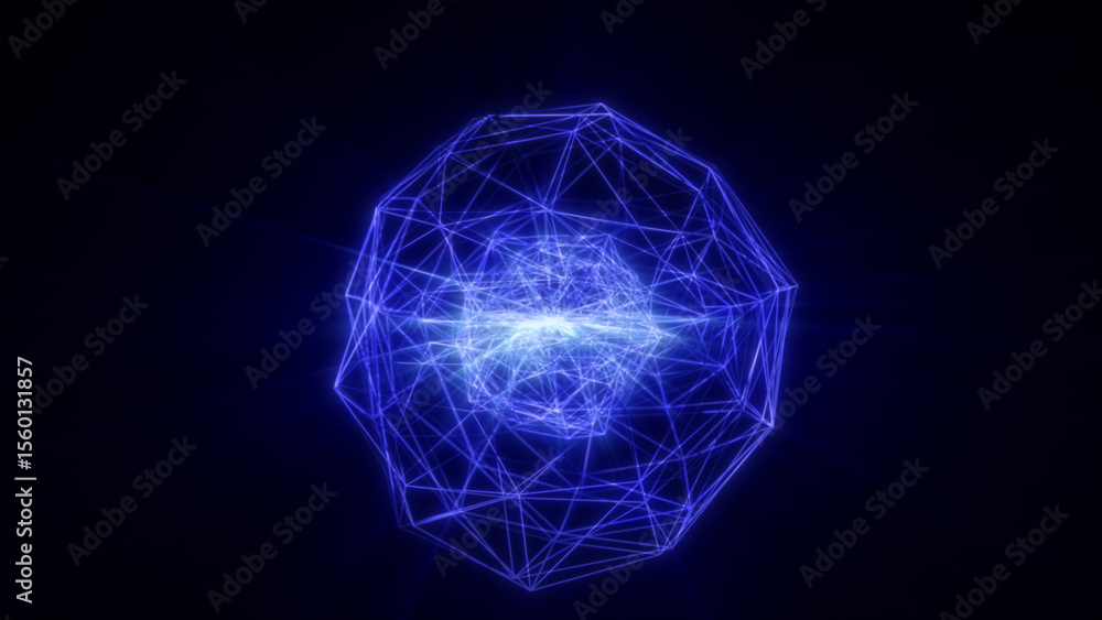 Poster glowing blue digital energy sphere with interconnected lines and a dynamic network structure on a da