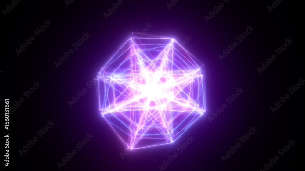 Poster luminous violet geometric shape with intense core glow and dynamic light webs on a dark background