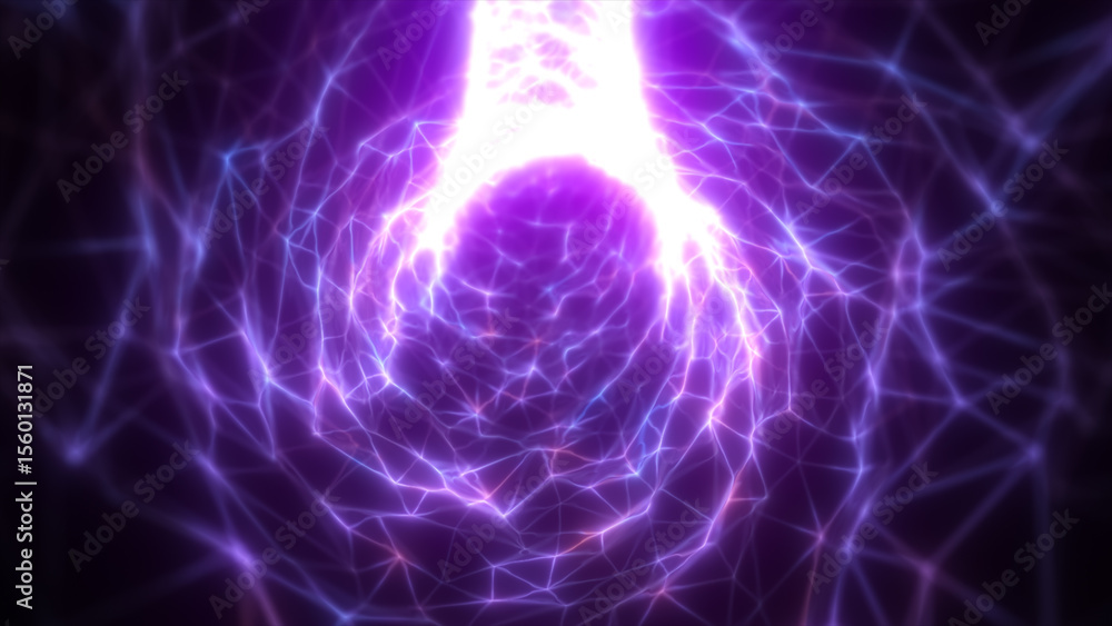 Poster triangular mesh network of glowing purple energy forming a digital vortex, symbolizing neural networ