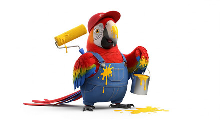 Naklejka premium Cartoon macaw wearing overalls, holding paint roller and can, yellow paint splatters, playful and colorful, representing creativity and fun