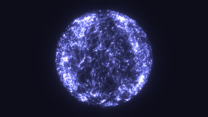 Glowing electric blue sphere composed of intricate flowing light threads against a dark backdrop
