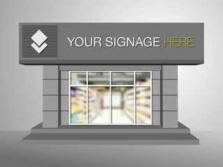 3D Shopping store with signage space, Signage mockup, Grocery store, Name Board, 3d Shop, Illustration.
