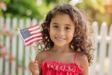 Young girl holding american flag smiling in garden