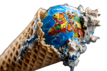 Melting Earth Globe in Ice Cream Cone - Climate Change Concept with Rising Temperatures