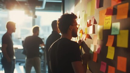 Businessman attaching colorful sticky notes on glass wall during collaborative team brainstorming, colleagues discussing project details in bright contemporary workspace
